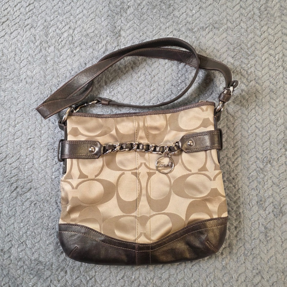 Coach Signature C Canvas Leather Trim Crossbody Shoulder Bag Brown Chain